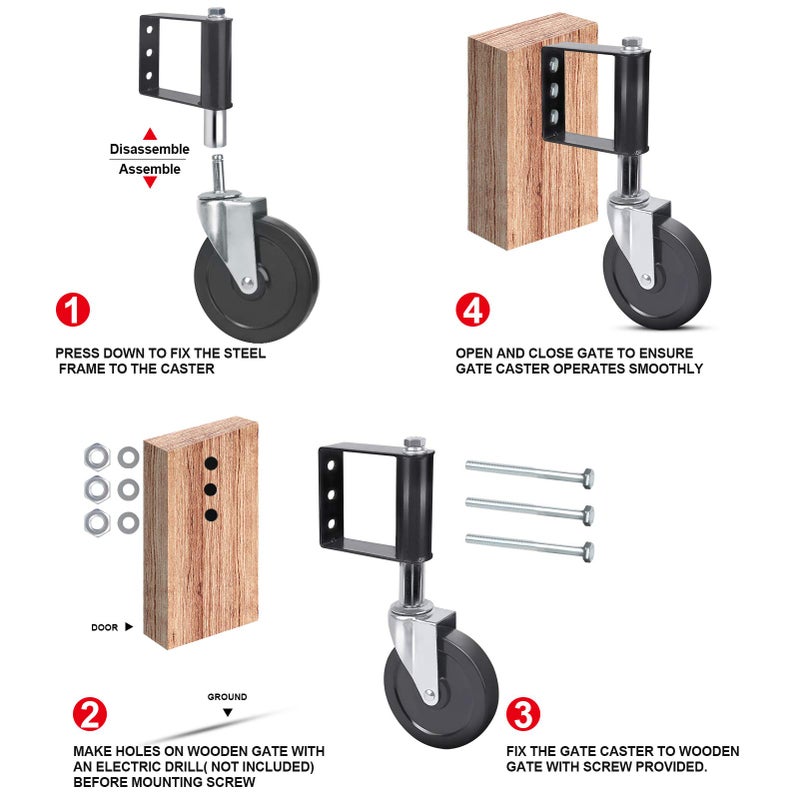 Ronlap Gate Wheels for Wooden Gate, Gate Caster Wheel Spring Loaded for Metal Tube Swing Gate Fence Gate Wheel for Gates Heavy Duty Outdoor Farm Vinyl Gate Rollers, 250 Lbs, 5 Inches, Black - Image 5